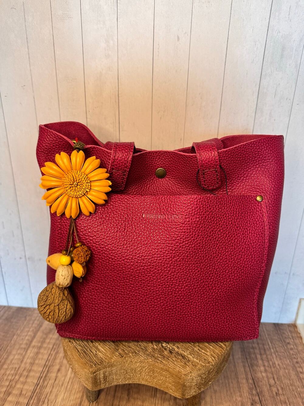 Summer Neutral Tan Gerbera Daisy Purse Charm Genuine Leather Flower Bag Charm